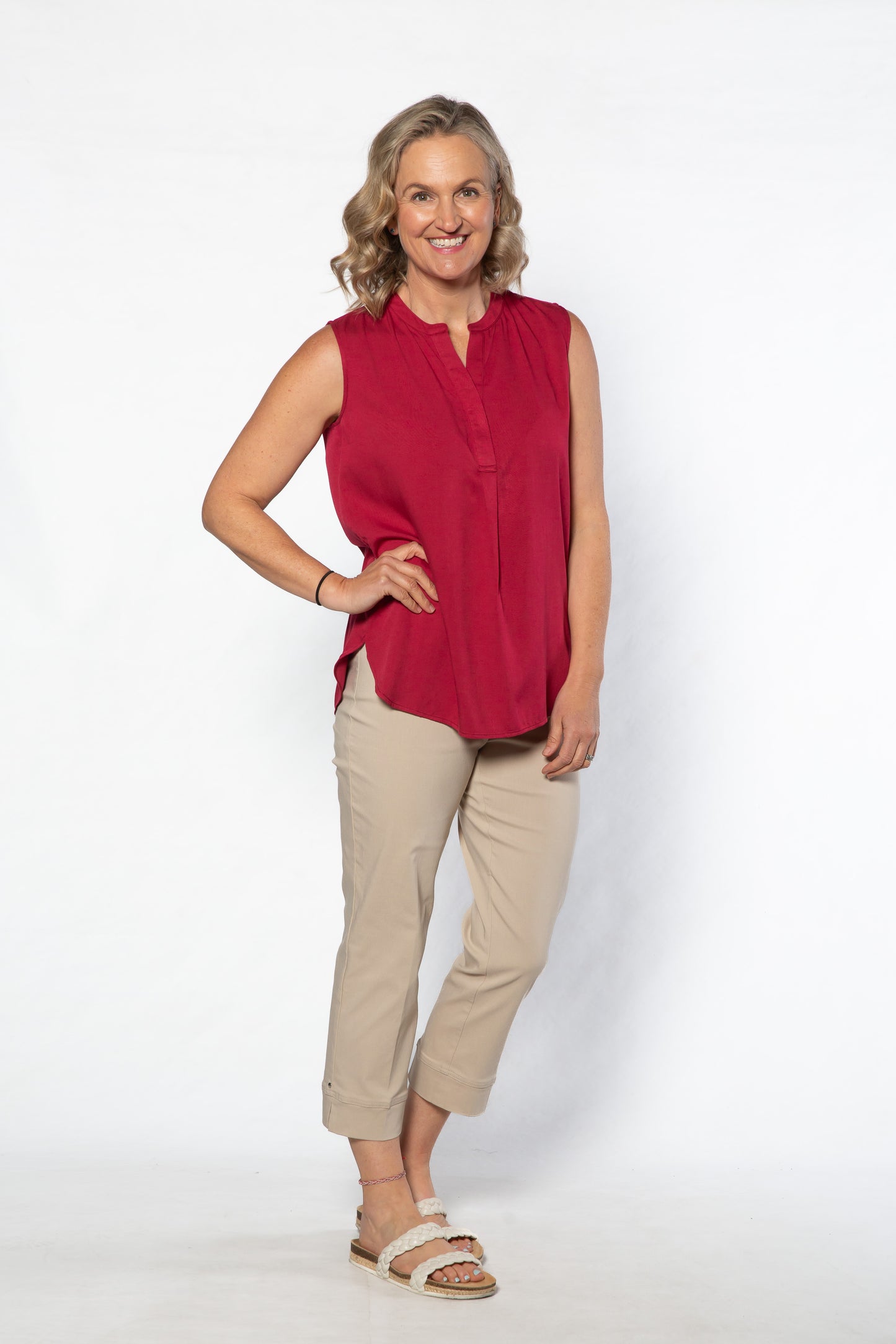 Drop Neck Front Pleat Sleeveless Pop-over Top - #384 Emerald