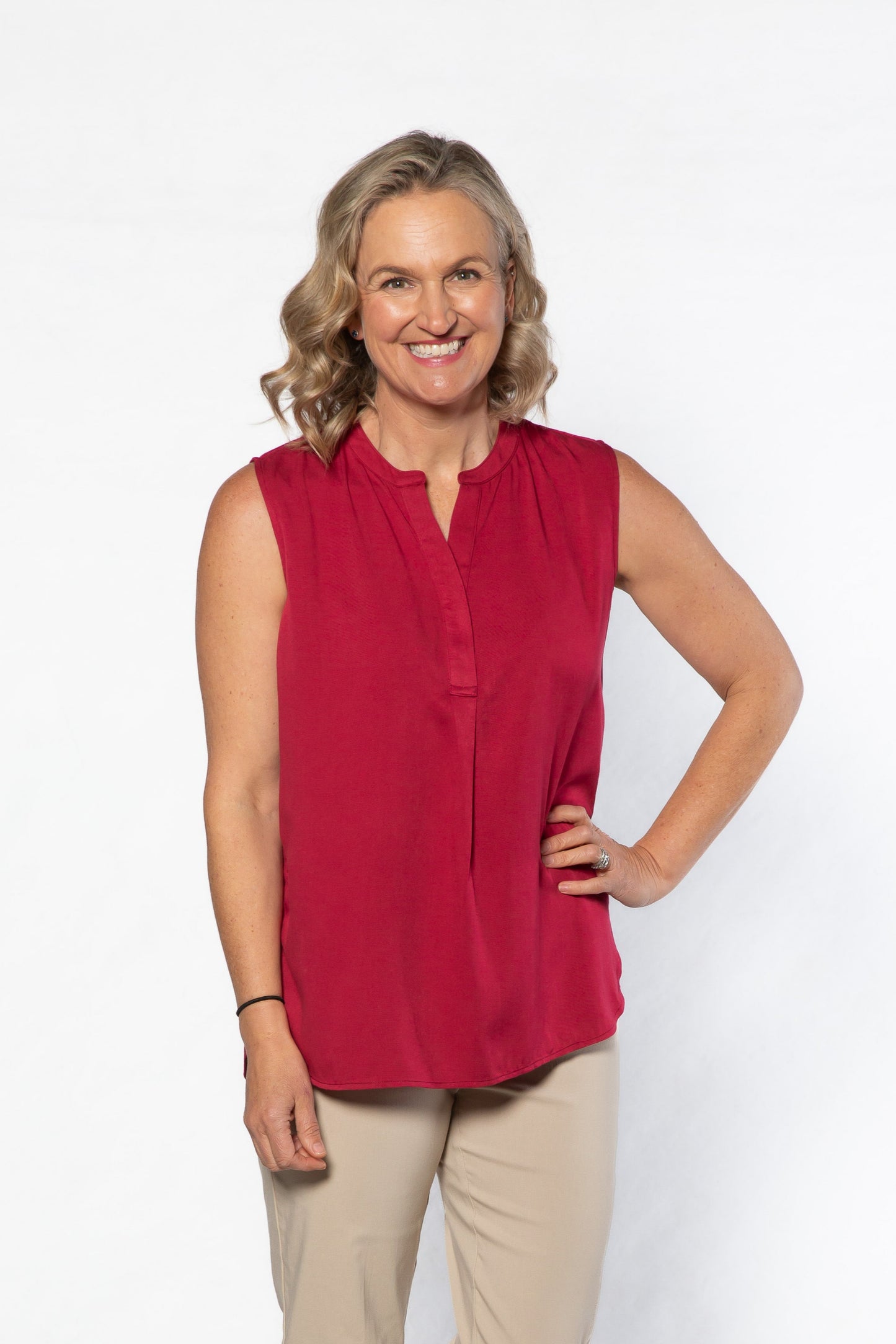 Drop Neck Front Pleat Sleeveless Pop-over Top - #384 Cherry