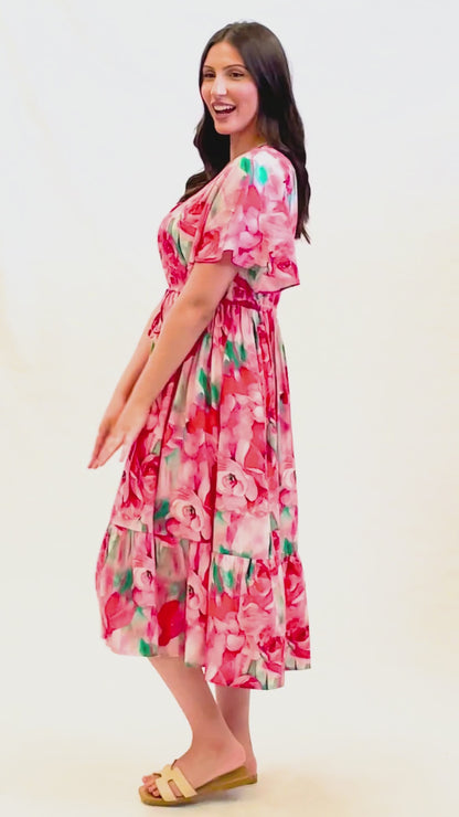 Rose Tea Dress with Flutter Sleeve 7621 Pink Multi