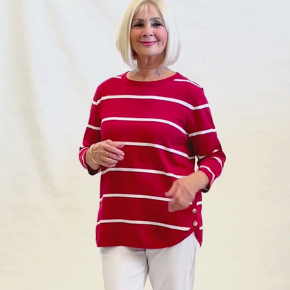 100% Cotton Stripe 3/4 Sleeve Light Weight Summer Knit #5018 - Cranberry
