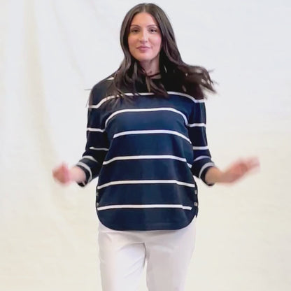 100% Cotton Stripe 3/4 Sleeve Light Weight Summer Knit #5018 - Navy