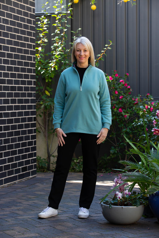 Half zip stretch cotton rugby with contrast print trim in collar #1204 Turquoise