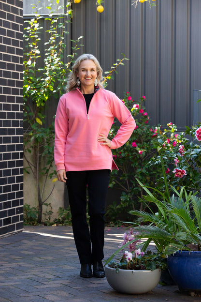 Half zip stretch cotton rugby with contrast print trim in collar #1204 Pink