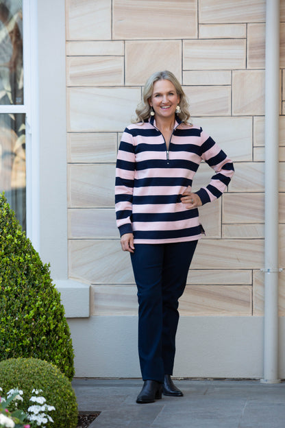 Stripe cotton rugby half zip open style #1057 Navy/Pink