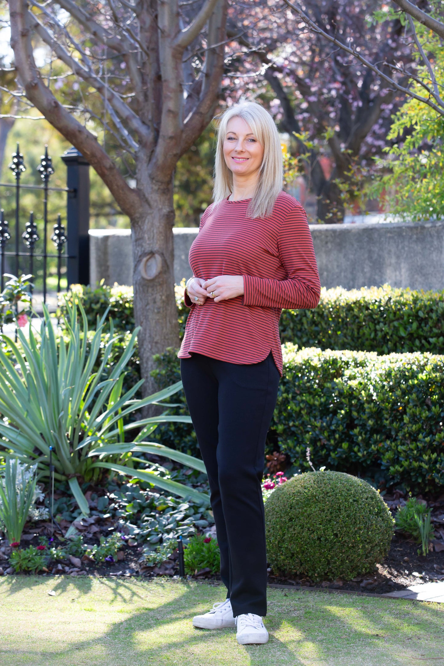 Long Sleeve Stretch Jersey Stripe Top - Cinnamon #102