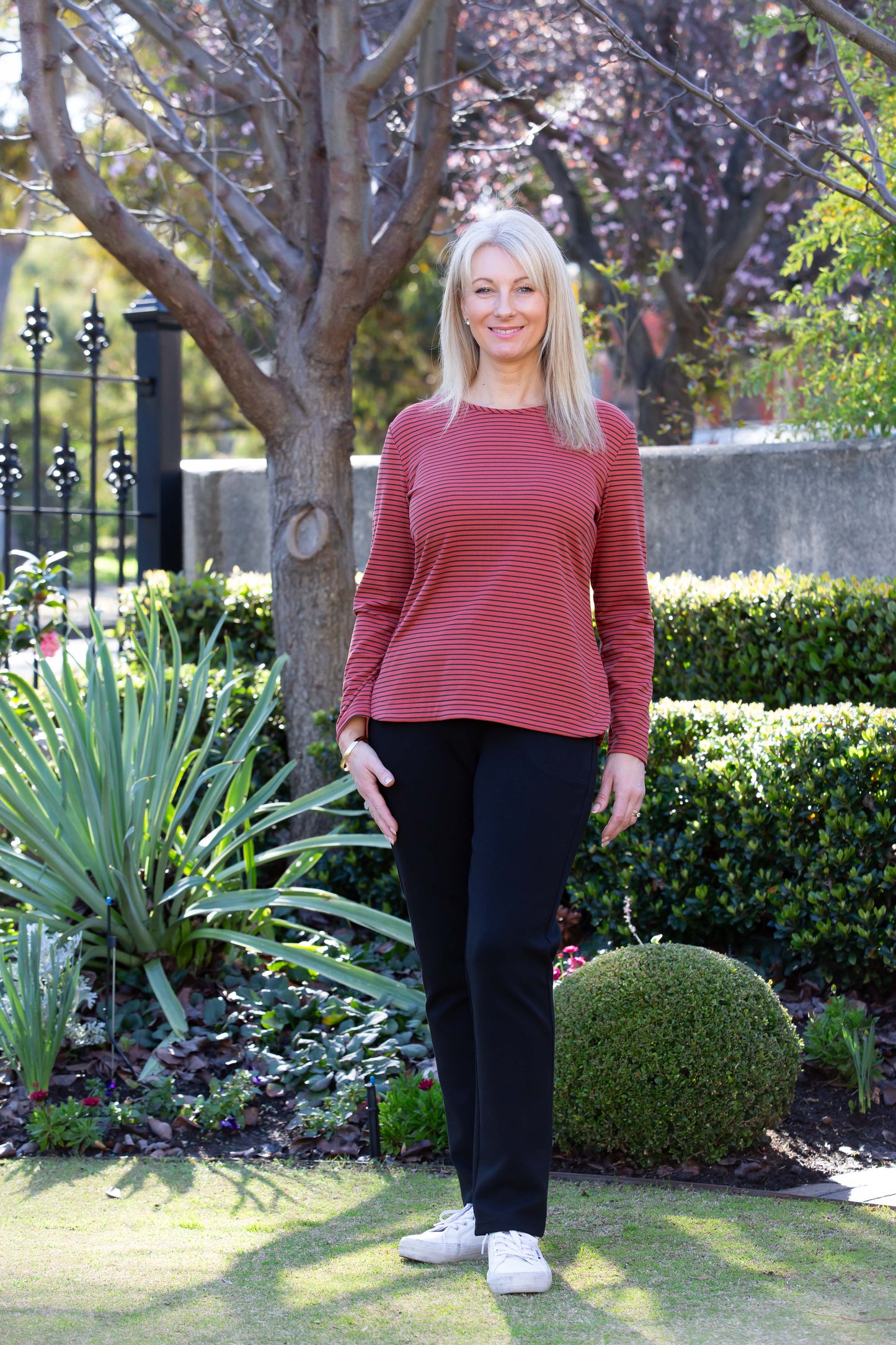Long Sleeve Stretch Jersey Stripe Top - Cinnamon #102