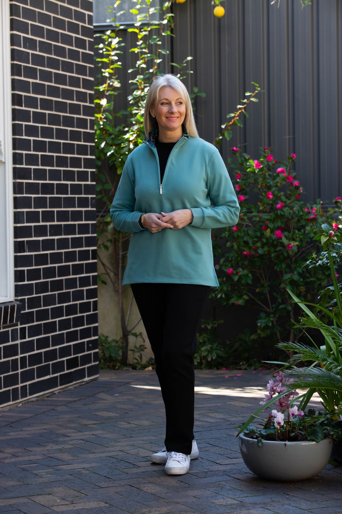 Half zip stretch cotton rugby with contrast print trim in collar #1204 Turquoise