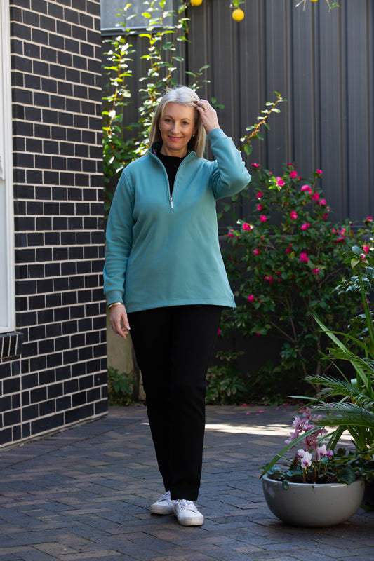 Half zip stretch cotton rugby with contrast print trim in collar #1204 Turquoise
