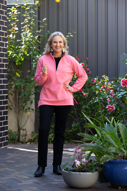 Half zip stretch cotton rugby with contrast print trim in collar #1204 Pink