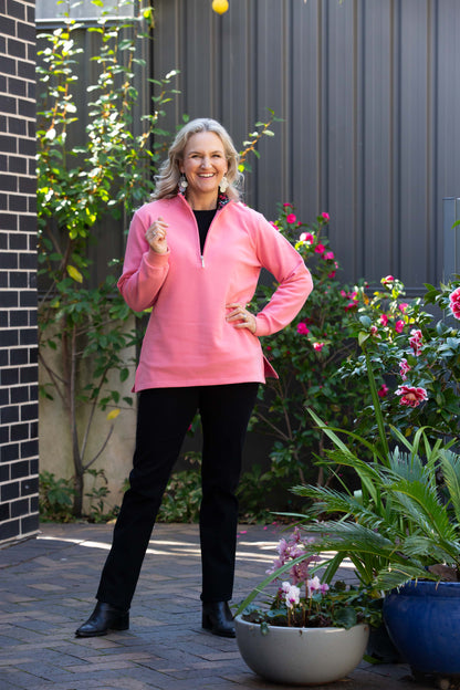 Half zip stretch cotton rugby with contrast print trim in collar #1204 Pink