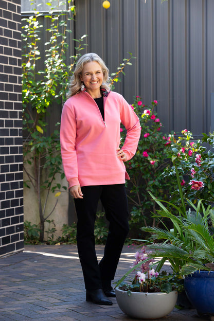 Half zip stretch cotton rugby with contrast print trim in collar #1204 Pink