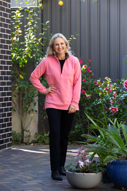 Half zip stretch cotton rugby with contrast print trim in collar #1204 Pink
