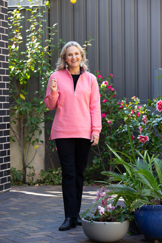 Half zip stretch cotton rugby with contrast print trim in collar #1204 Pink