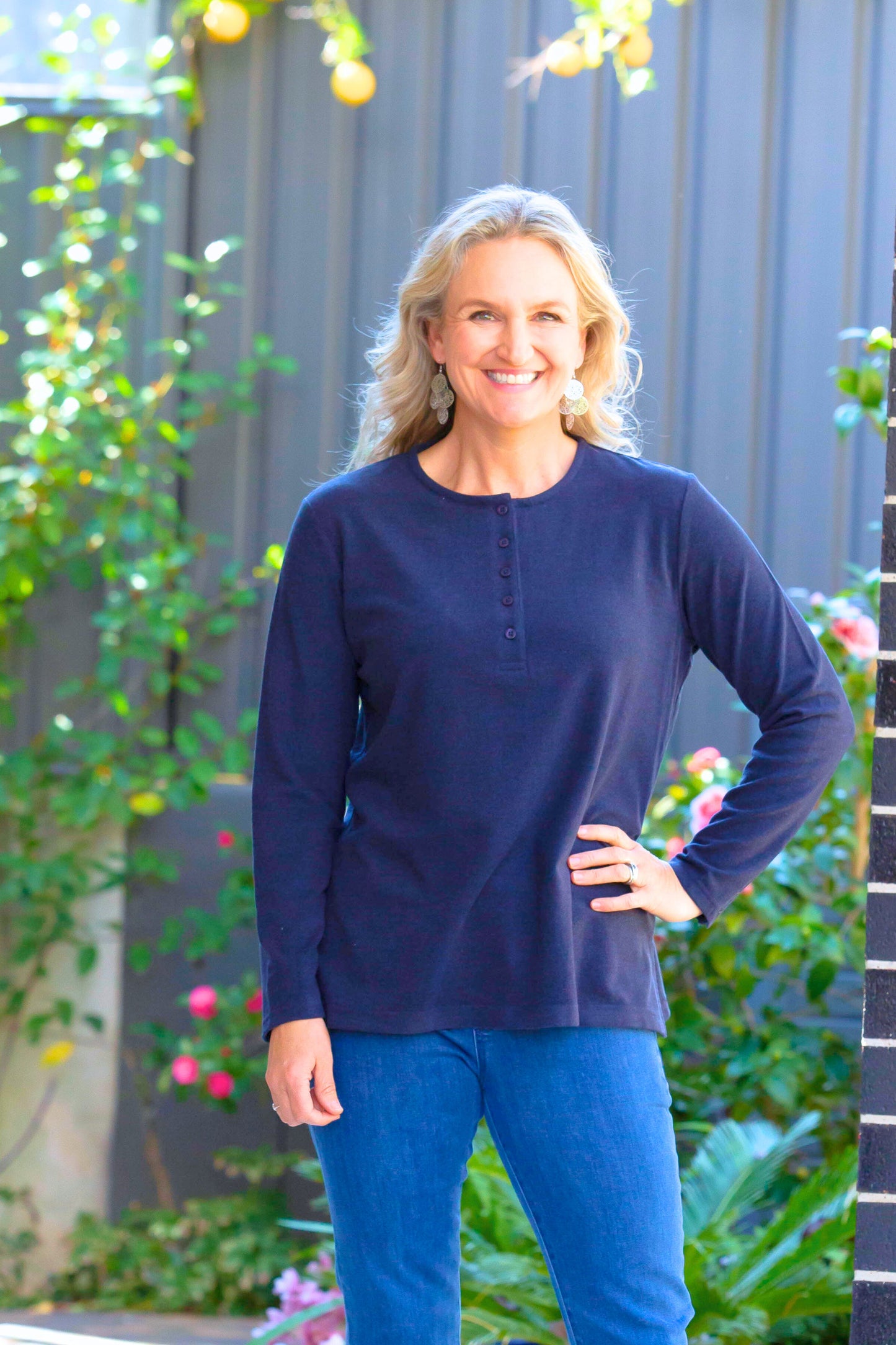 Henley Long sleeve stretch crew neck top #209 Blue