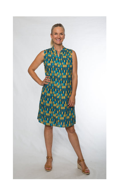 Sleeveless mandarin collar print dress #7696 Blue