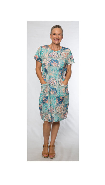 Short sleeve print dress with pockets #7903 Aqua