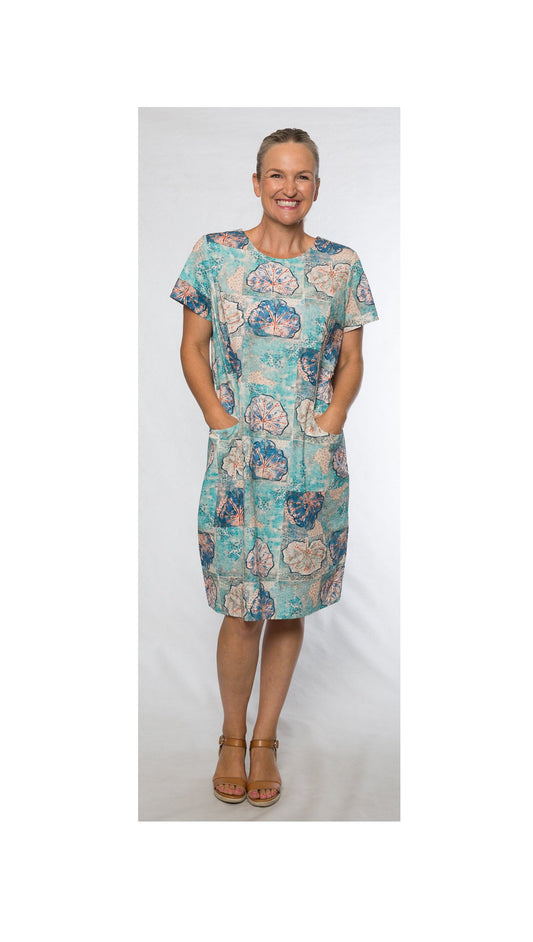 Short sleeve print dress with pockets #7903 Aqua