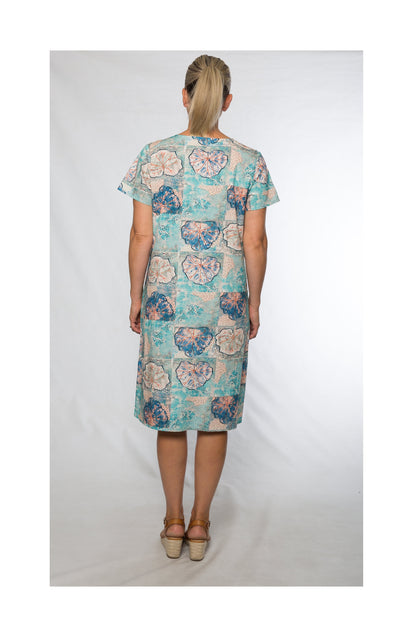 Short sleeve print dress with pockets #7903 Aqua