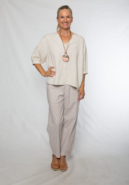 7/8 length stripe pants with elastic waistband #6148 Natural