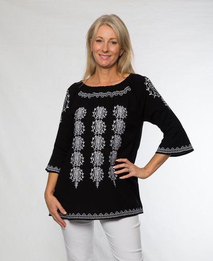 Bell sleeve cotton/viscose smocked round neck embroidered tunic #522 Black