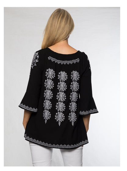 Bell sleeve cotton/viscose smocked round neck embroidered tunic #522 Black