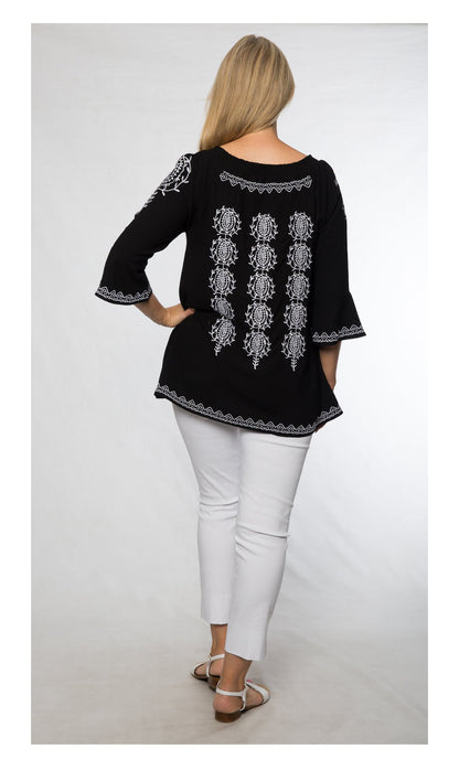 Bell sleeve cotton/viscose smocked round neck embroidered tunic #522 Black