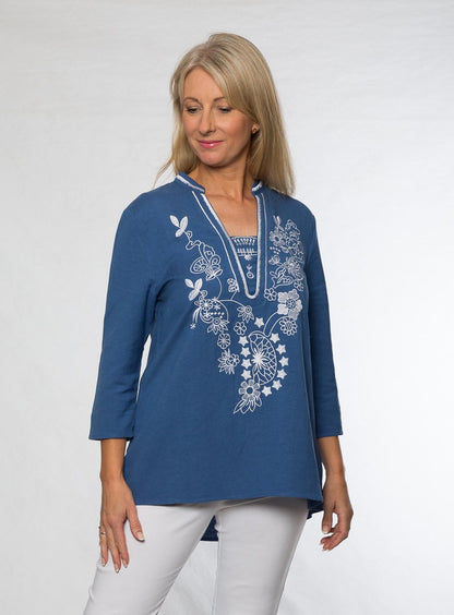 3/4 sleeve embroidered v-neck tunic cotton/viscose #579 Blue