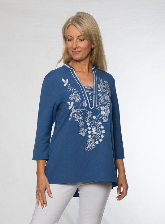 3/4 sleeve embroidered v-neck tunic cotton/viscose #579 Blue