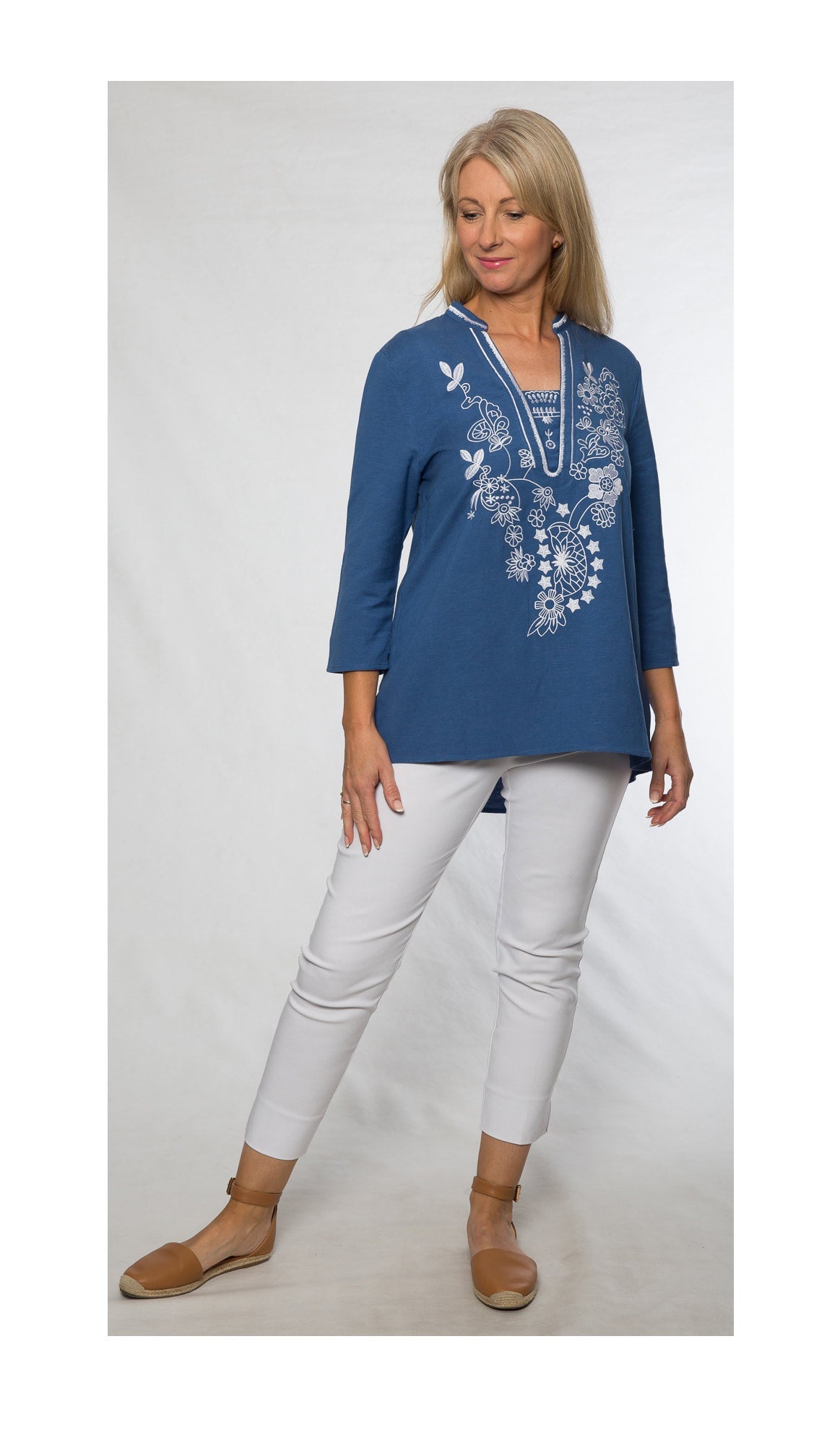 3/4 sleeve embroidered v-neck tunic cotton/viscose #579 Blue