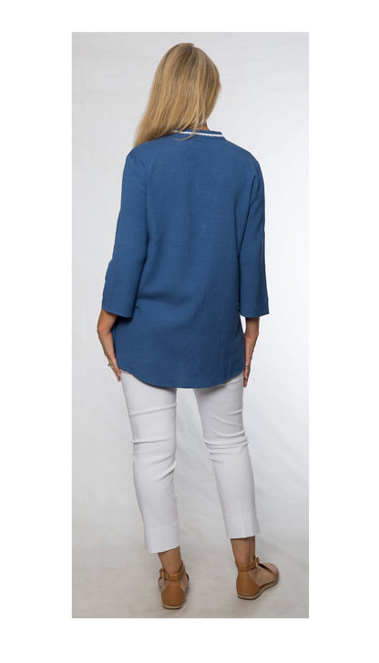 3/4 sleeve embroidered v-neck tunic cotton/viscose #579 Blue