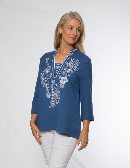 3/4 sleeve embroidered v-neck tunic cotton/viscose #579 Blue