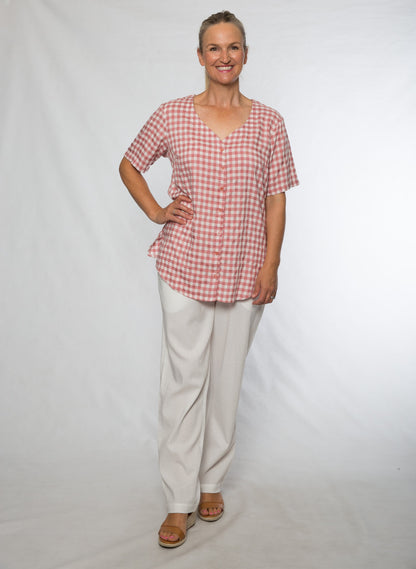 Short sleeve rayon check shirt #3881 Rose