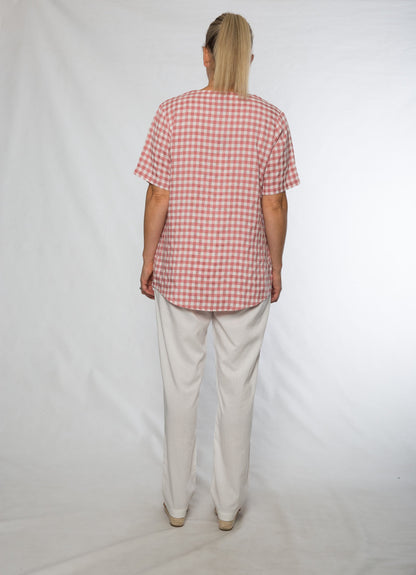 Short sleeve rayon check shirt #3881 Rose