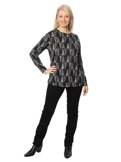 Stretch Tree print long sleeve top - #245 Charcoal