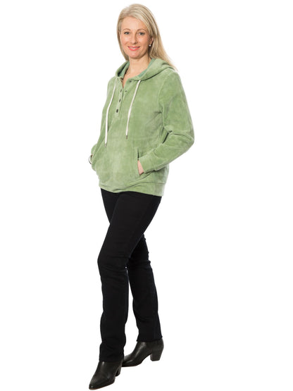 Velour hoodie with press stud placket - #533 Sage