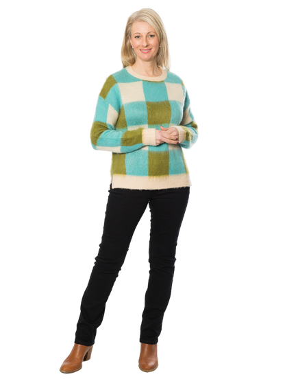 Soft Round Neck Check knit sweater #5843 Blue