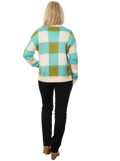 Soft Round Neck Check knit sweater #5843 Blue