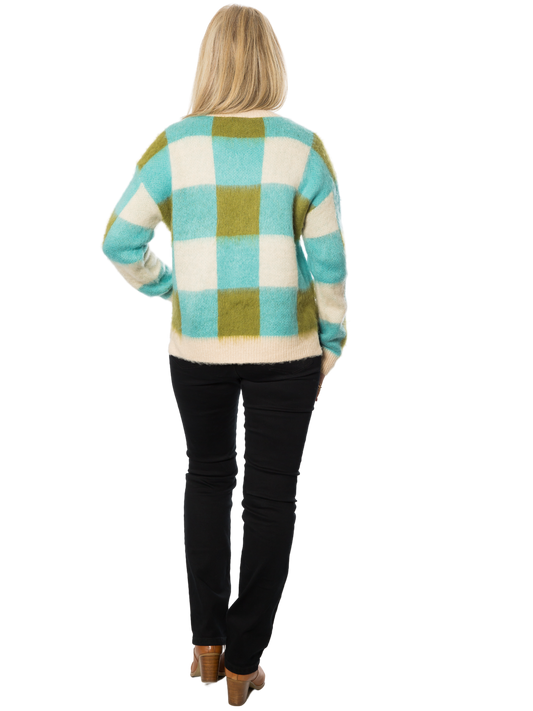 Soft Round Neck Check knit sweater #5843 Blue