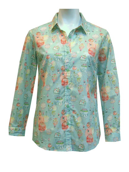 Pure 100% Cotton Long Sleeve Hot Air Balloon Print Shirt #3275 Blue