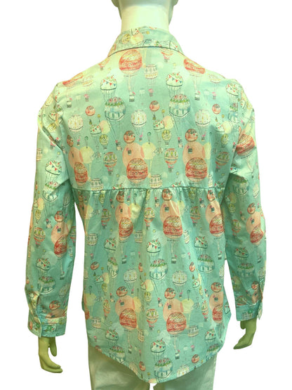 Pure 100% Cotton Long Sleeve Hot Air Balloon Print Shirt #3275 Blue