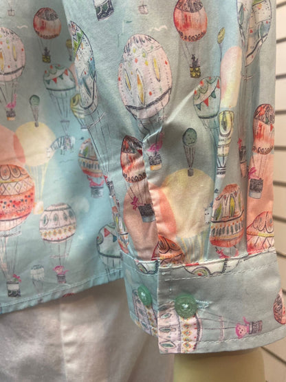 Pure 100% Cotton Long Sleeve Hot Air Balloon Print Shirt #3275 Blue