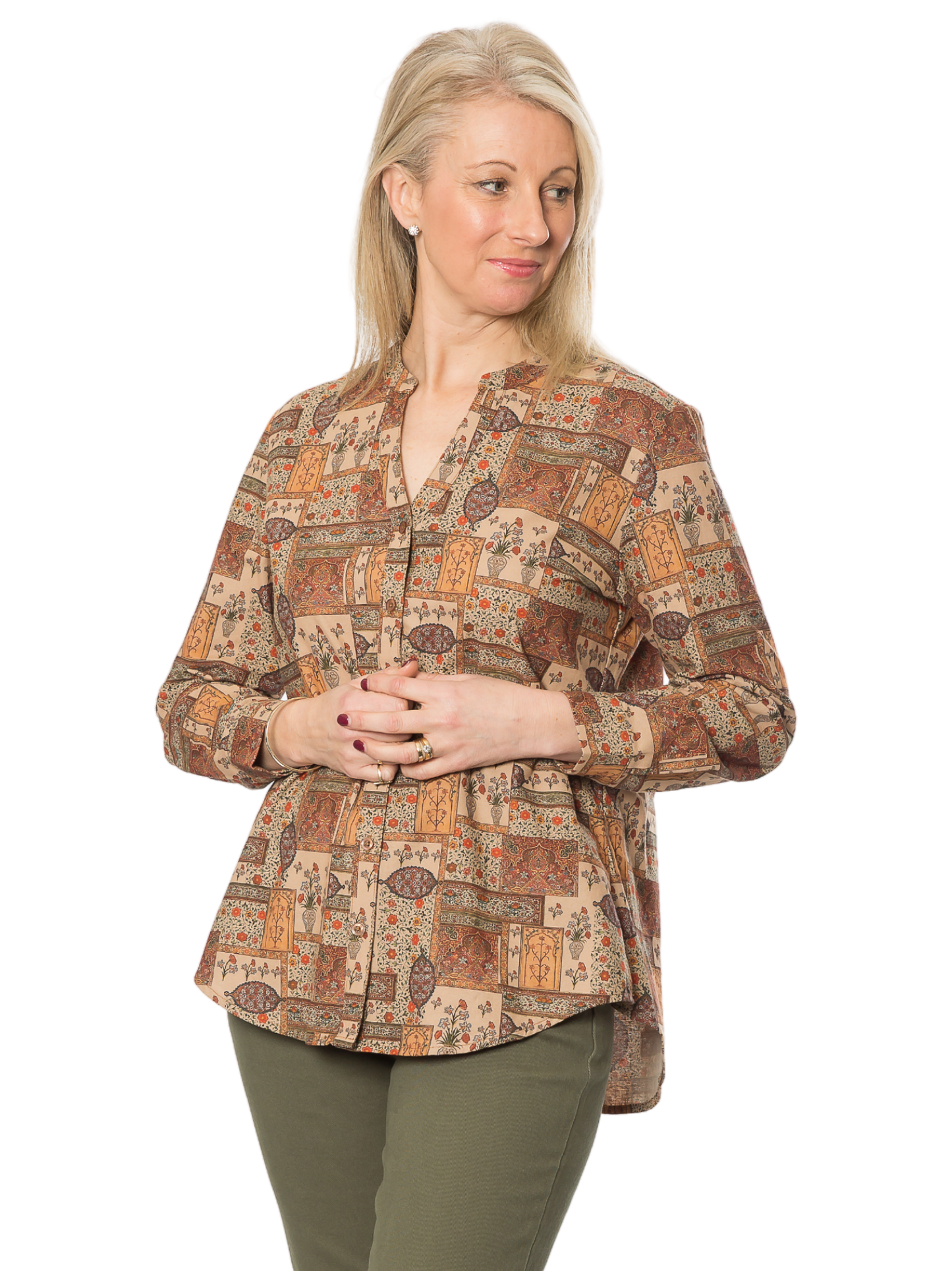 Pure Cotton Mandarin Collar Long Sleeve Vintage Print Shirt #3862