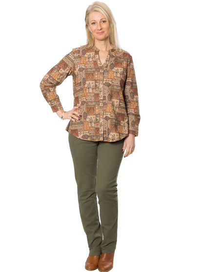 Pure Cotton Mandarin Collar Long Sleeve Vintage Print Shirt #3862