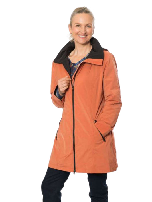 Waterproof thigh length jacket with removable hood  & gathered back waistband detail #9006 - Copper