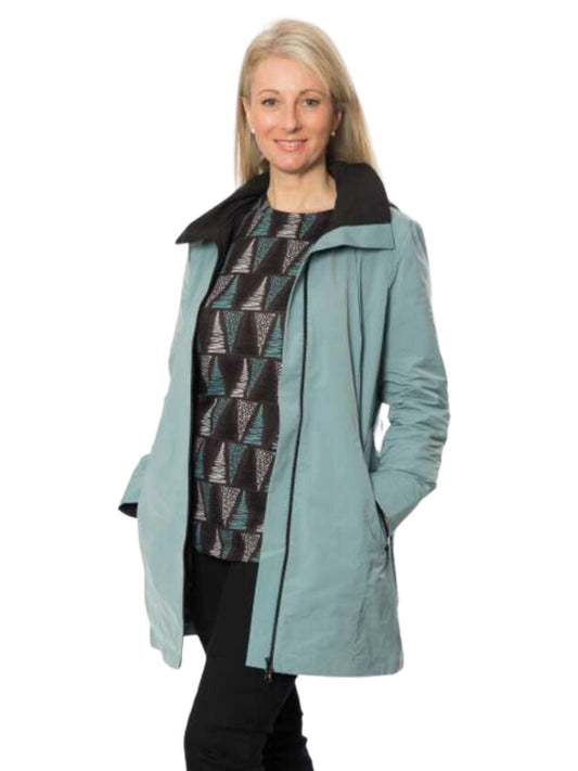 Waterproof thigh length jacket with removable hood  & gathered back waistband detail #9006 - Seamist