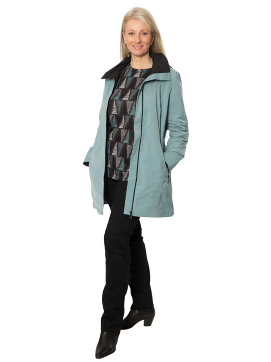 Waterproof thigh length jacket with removable hood  & gathered back waistband detail #9006 - Seamist
