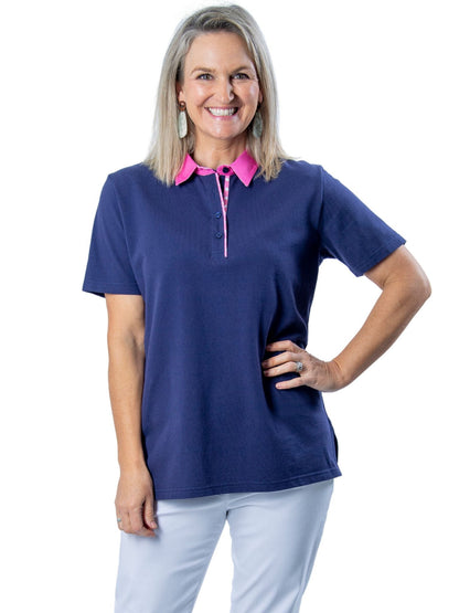 Short sleeve cotton piquet polo with contrast collar and spot trim #26 Navy