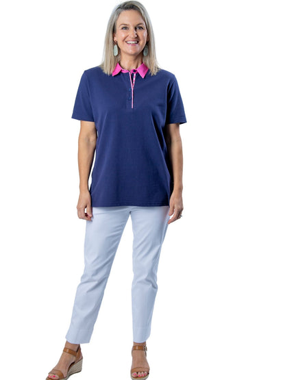 Short sleeve cotton piquet polo with contrast collar and spot trim #26 Navy
