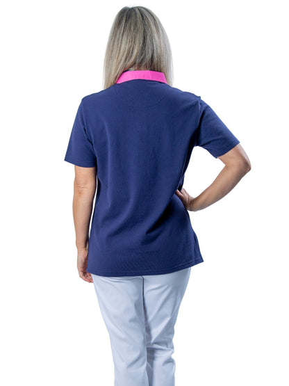 Short sleeve cotton piquet polo with contrast collar and spot trim #26 Navy