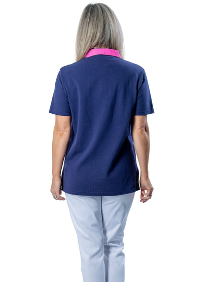 Short sleeve cotton piquet polo with contrast collar and spot trim #26 Navy
